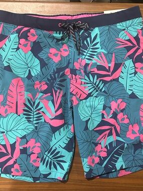 ZeroXposur Teal and Pink Tropical Swim Trunks